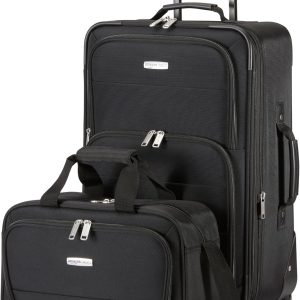 Basics Softside Luggage Set, 23-Inch Expandable Suitcase with Wheels and 15-Inch Tote, Extra Space (+15%), Front Pockets, Telescopic Handle, Black
