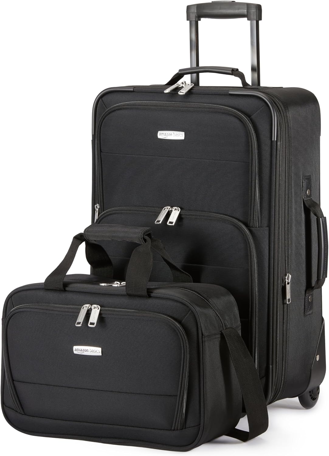 Basics Softside Luggage Set, 23-Inch Expandable Suitcase with Wheels and 15-Inch Tote, Extra Space (+15%), Front Pockets, Telescopic Handle, Black